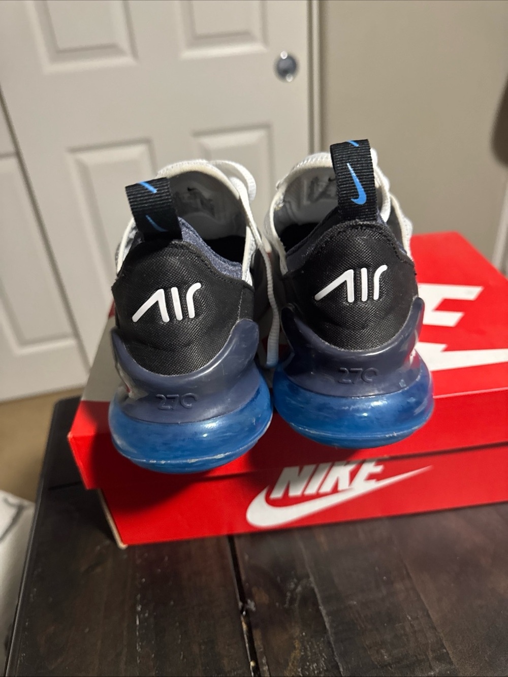 Nike Kids White/Black/Blue Air Max 270 React Sneakers - Picture 7 of 9